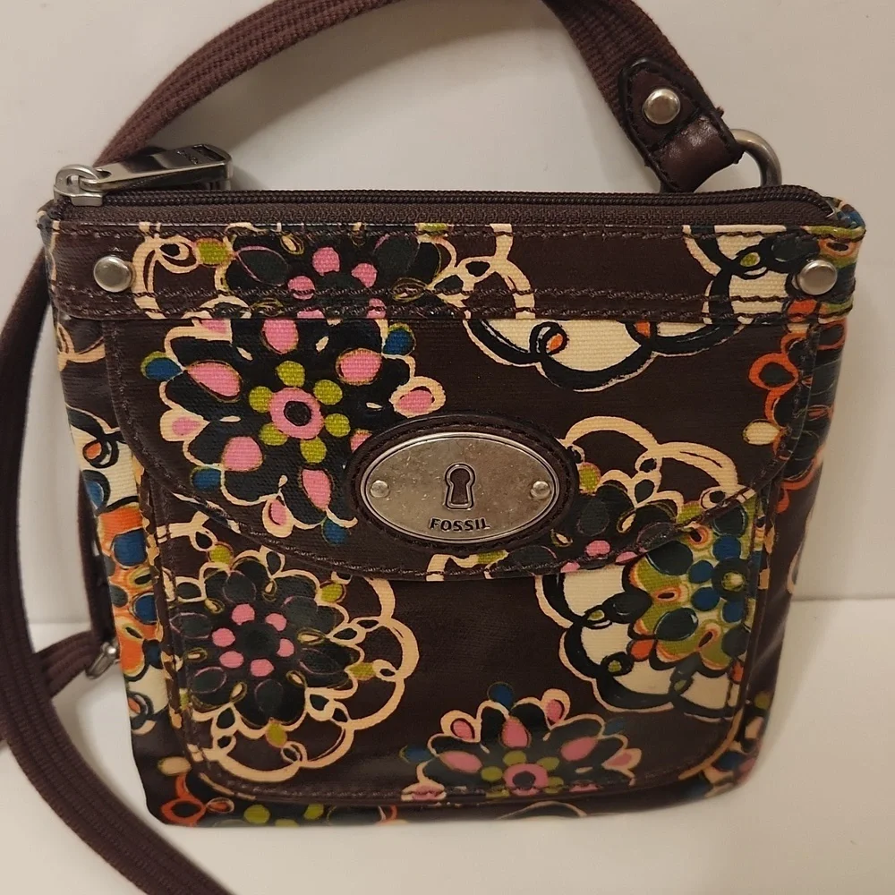 Fossil Women's Key-Per Boho Hippie Dark Brown Floral Canvas Strap Crossbody Bag